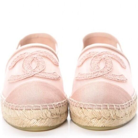 CHANEL Shoes - CHANEL Grosgrain Light Pink Mesh CC Logo Pink Cap Toe Flat Espadrilles Size EU37